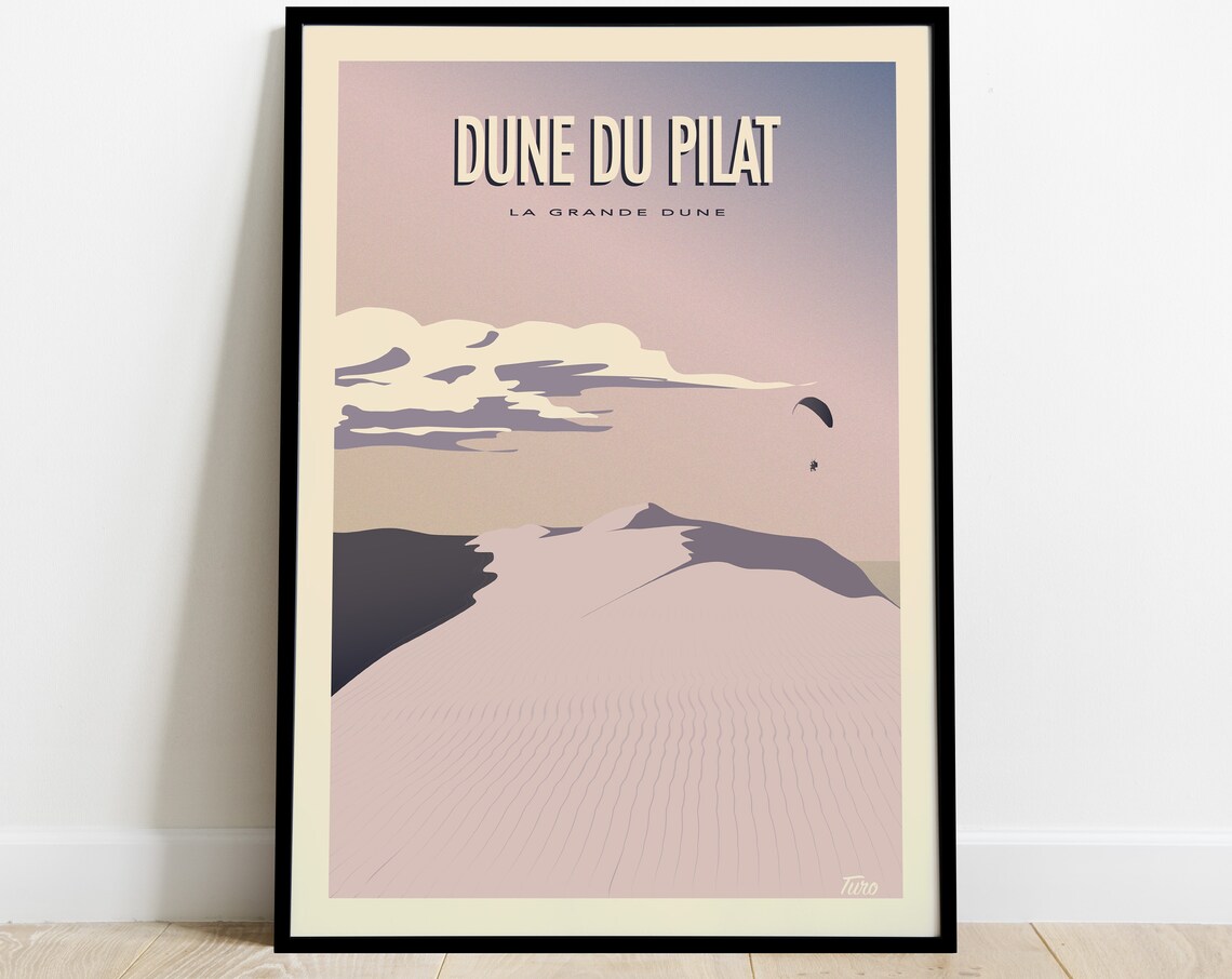Dune du Pilat Great Sand Dune Paraglider France Vintage Travel Poster