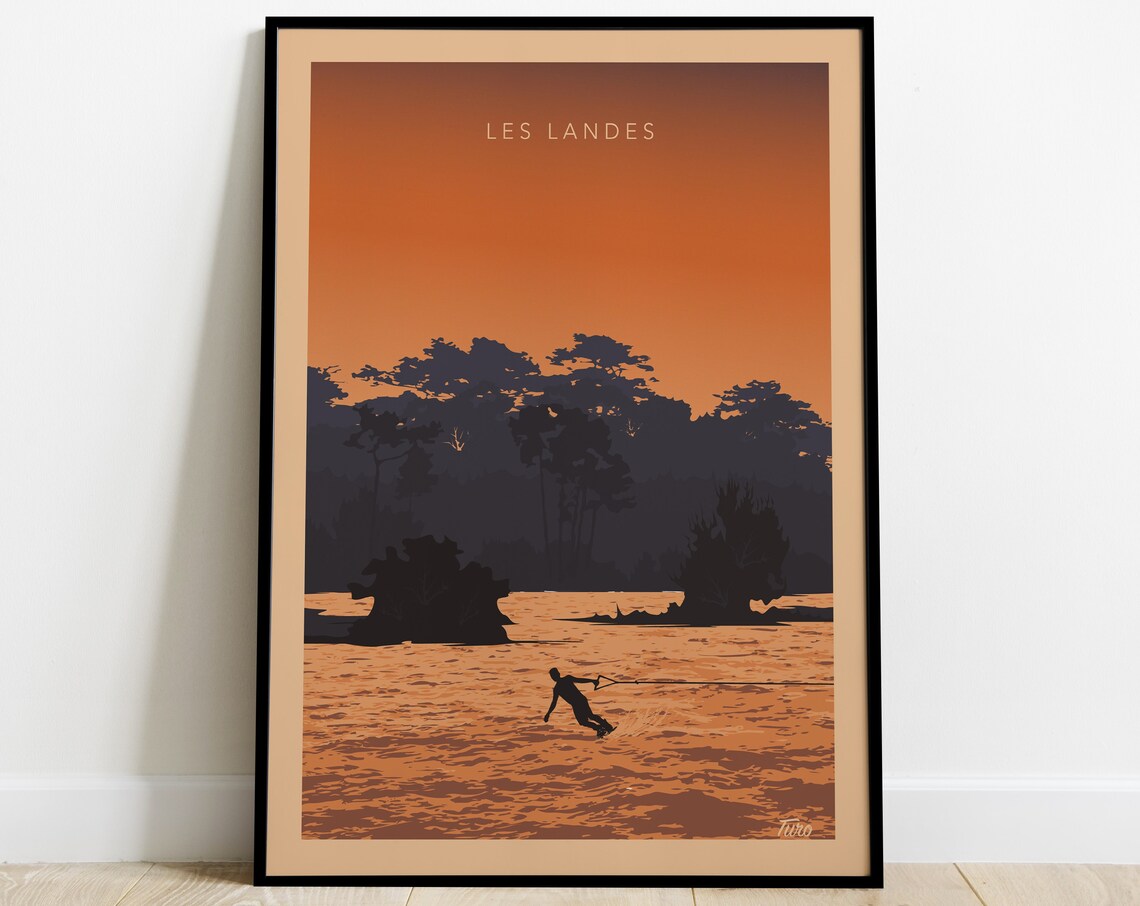 Les Landes Wakeboarder On Orange Sunset Water Scene Travel Poster