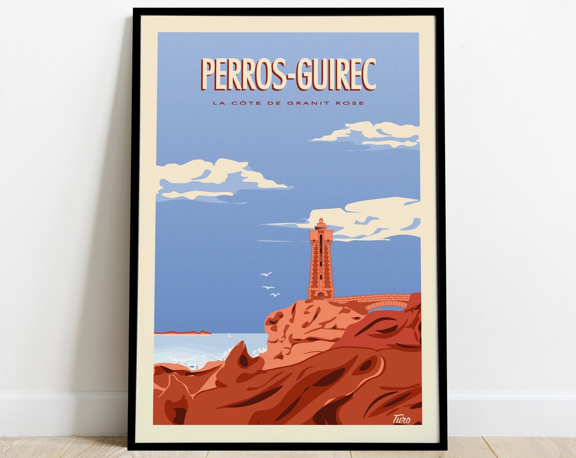 Perros Guirec Pink Granite Coast Red Lighthouse Travel Poster