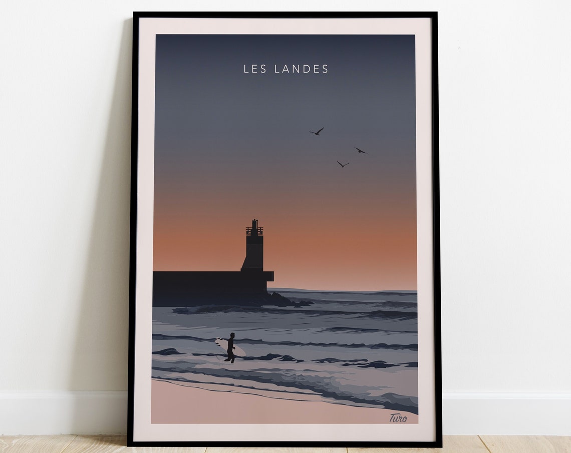 Les Landes Surfer Sunset Lighthouse France Surf Vintage Travel Poster