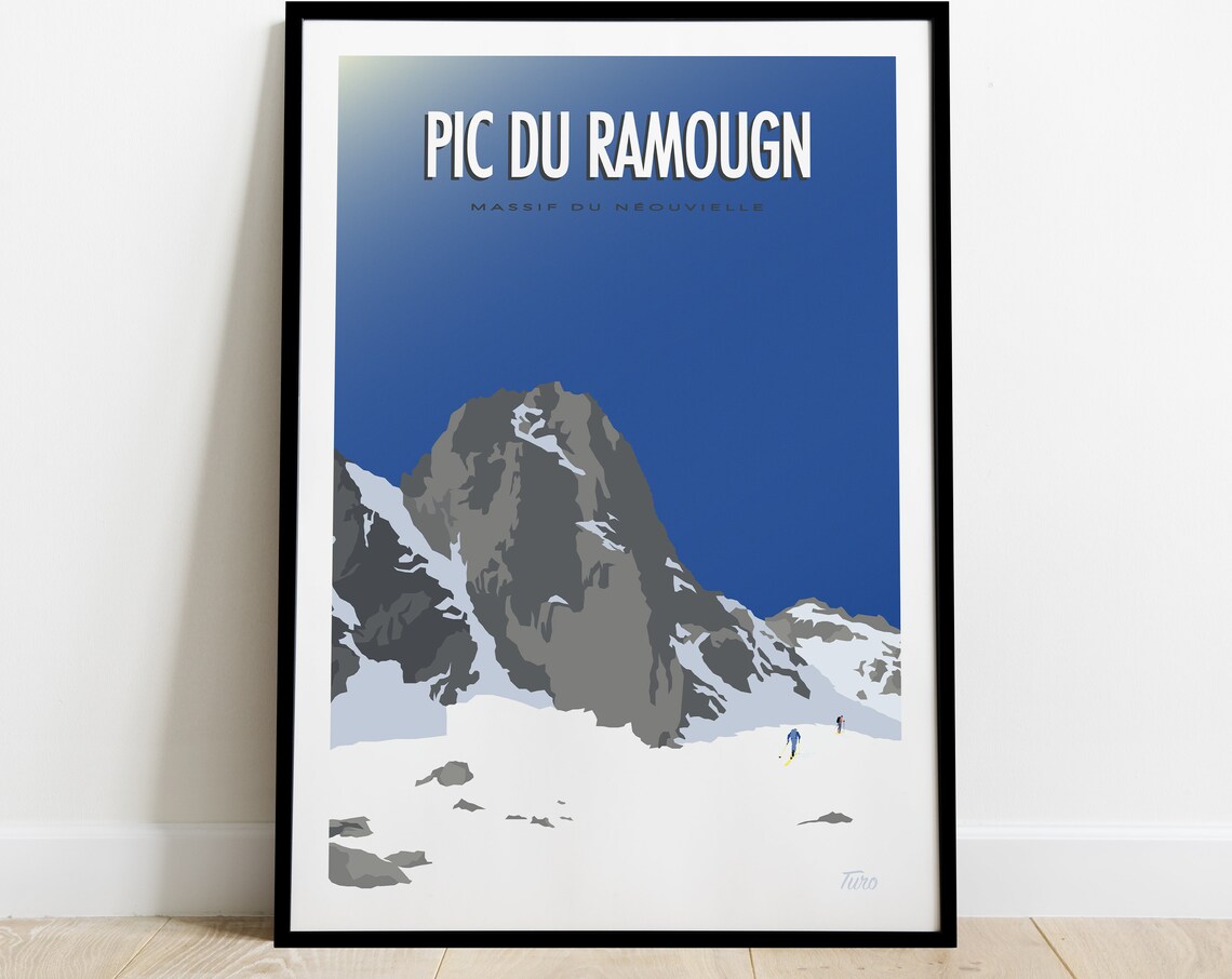 Pic du Ramougn Neouvielle Massif Skiers Blue Sky Travel Poster