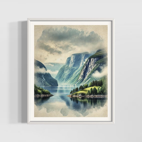Norwegian Fjords Watercolor Misty Cliffs Mirror Lake Nordic Landscape Poster