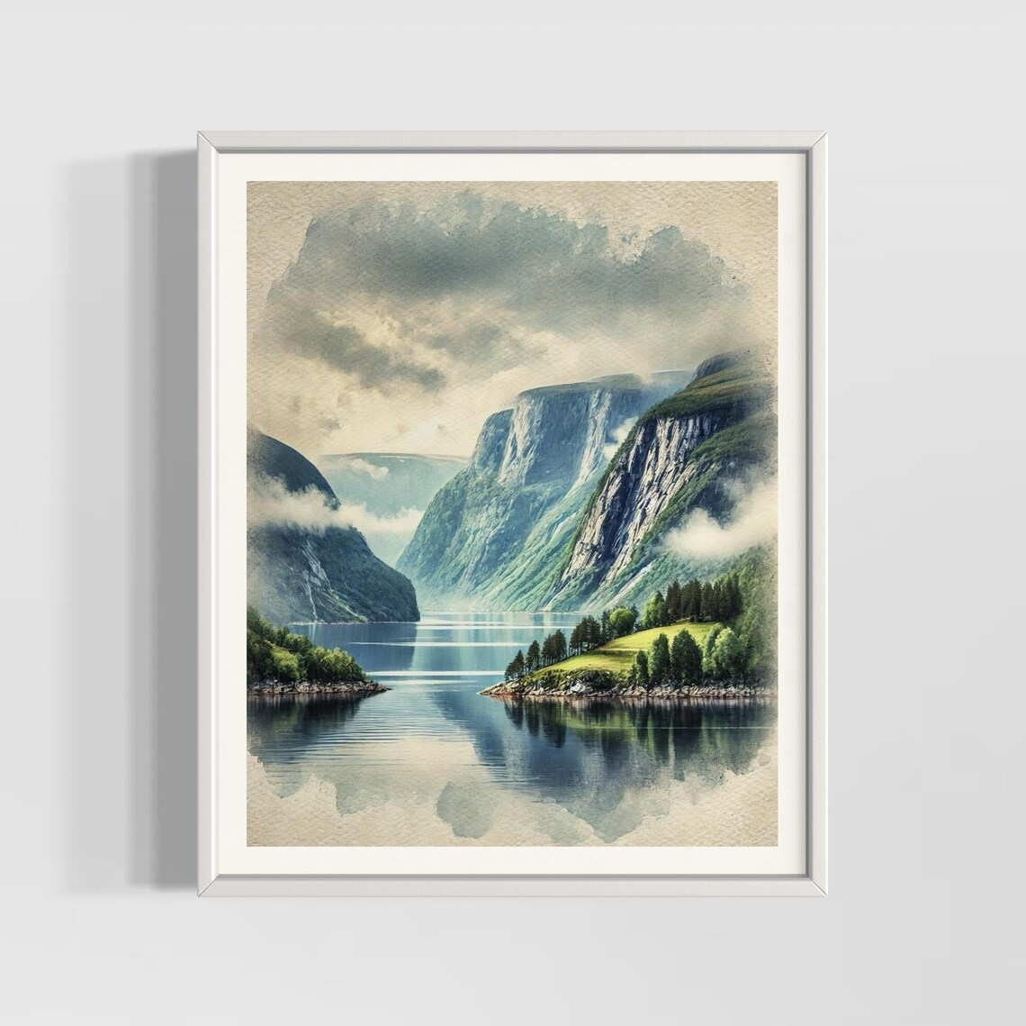 Norwegian Fjords Watercolor Misty Cliffs Mirror Lake Nordic Landscape Poster