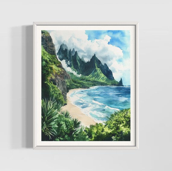 Na Pali Coast Vintage Watercolor Sea Cliffs Beach Hawaii Scenic Poster