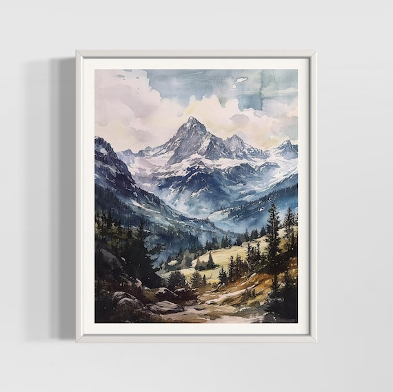Swiss Alps Vintage Watercolor Snowy Mountain Peak Pines Landscape Poster