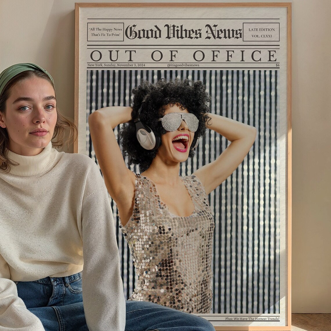 Out Of Office Newspaper Girl Disco Party Good Vibes News Poster