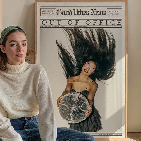 Out Of Office Poster Trendy Newspaper Print Disco Ball Wall Art Girly Retro Wall Decor Good Vibes News Art