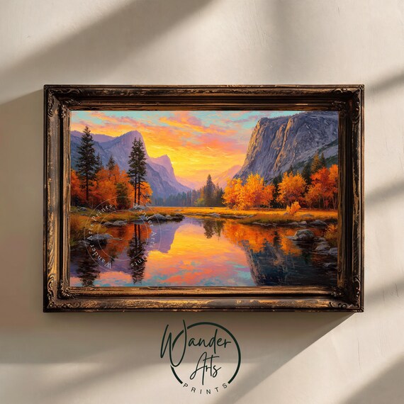 Sweeping Mountain Valley At Sunset Vibrant Fall Landscape Art Rustic Autumn Scene Wall Decor Moody Nature Painting 936