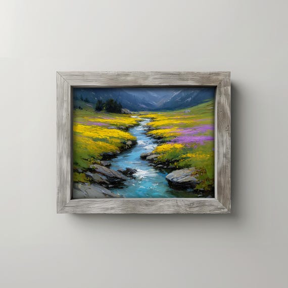 Rustic Landscape With Winding River Earthy Summer Meadow Scene Wall Art Colorful Cottage Decor Vintage Style Painting 18