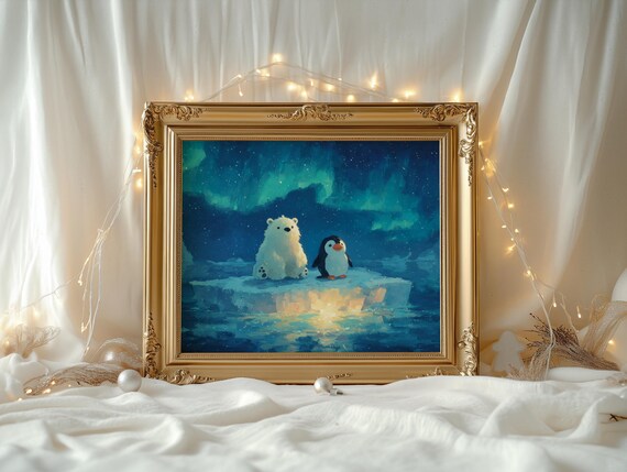 Arctic Polar Bear Cub and Penguin Under Northern Lights Wall Art