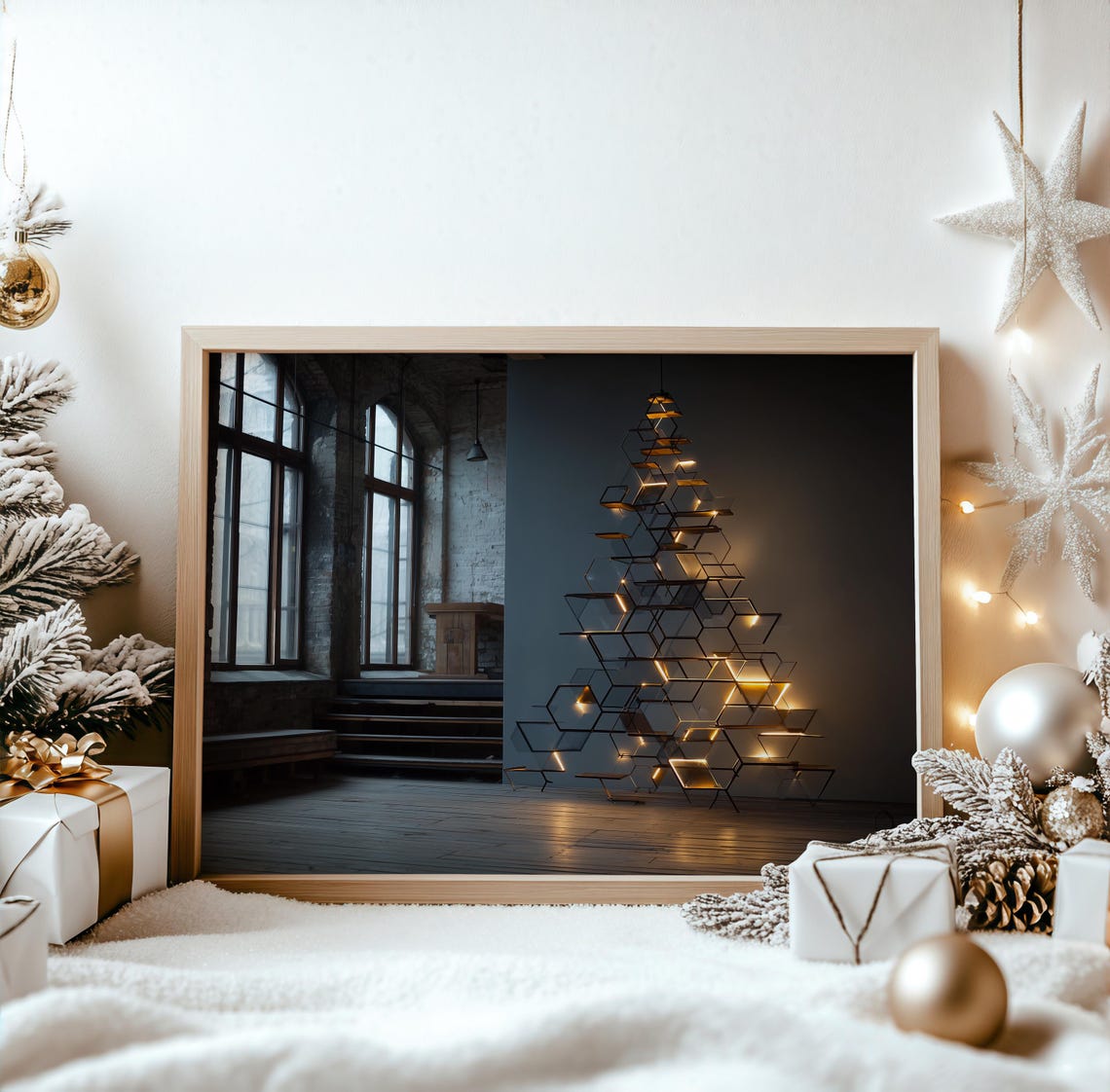 Hexagon Wireframe Christmas Tree Sculpture Modern Loft Art Print