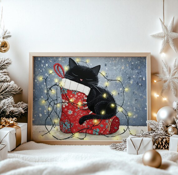 Christmas Black Cat Napping in Stocking Fairy Lights Holiday Art Poster