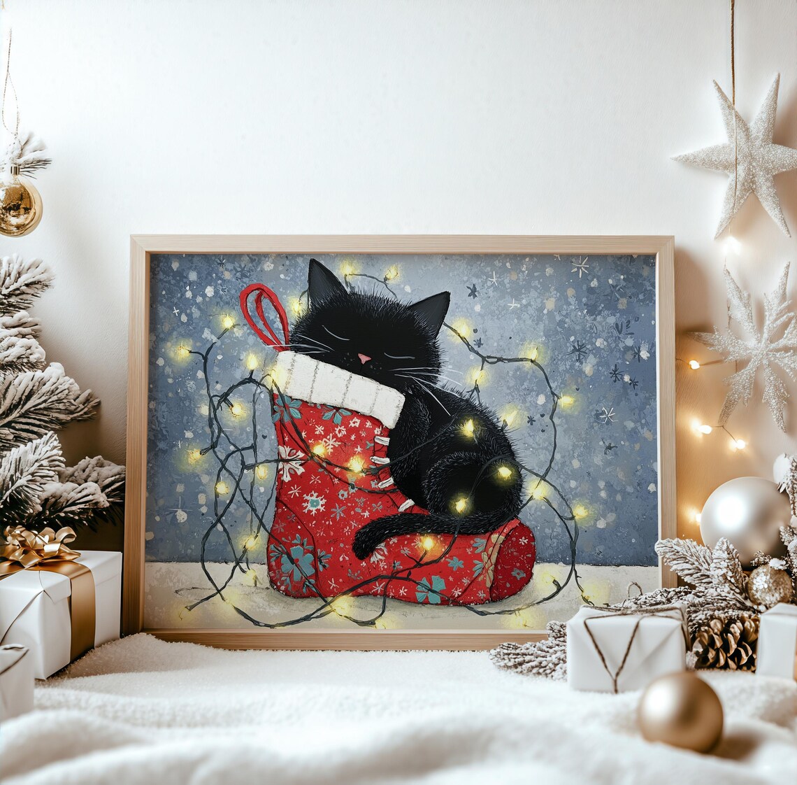 Christmas Black Cat Napping in Stocking Fairy Lights Holiday Art Poster