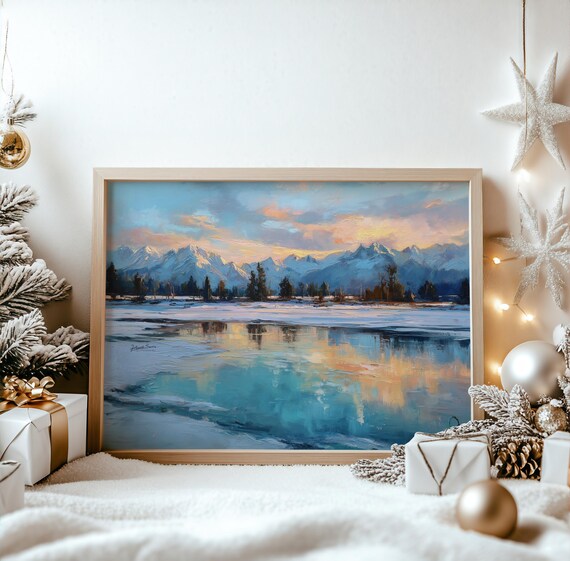 Frozen Lake Snowy Mountains Sunset Reflection Winter Art Poster