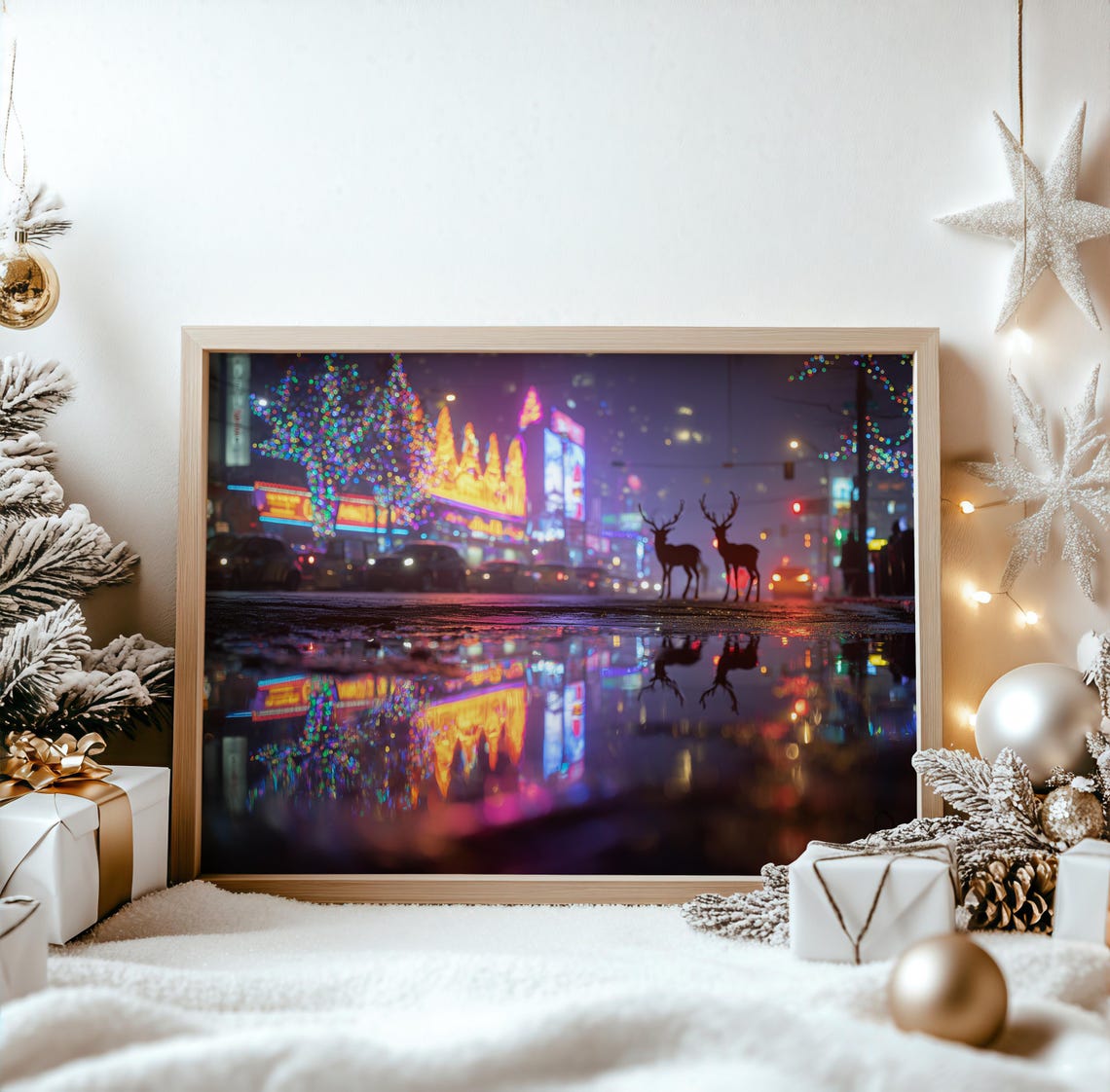 Deer Silhouettes Neon Rainy Night City Reflection Christmas Poster