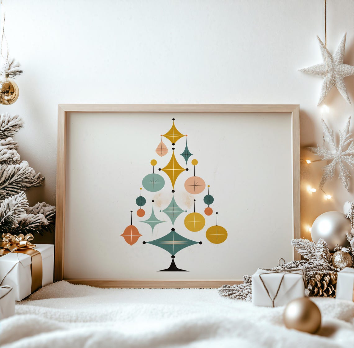 Midcentury Modern Christmas Tree Retro Geometric Ornaments Poster