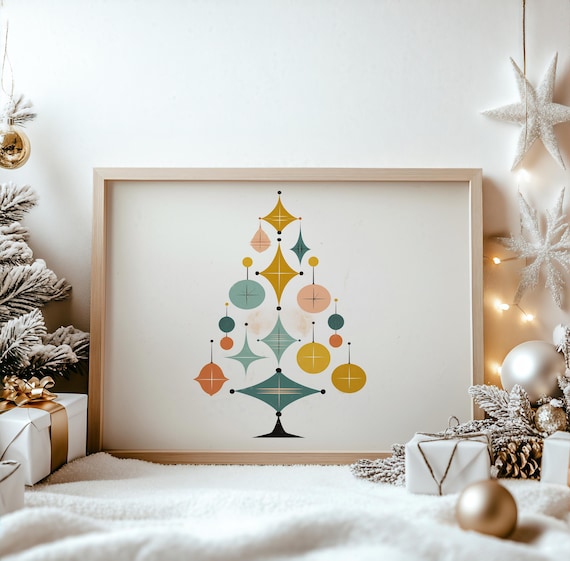 Midcentury Modern Christmas Tree Retro Geometric Ornaments Poster