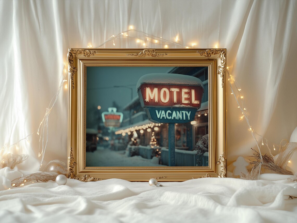 Vintage Motel Vacancy Neon Sign Snowy Winter Street Dusk Wall Art