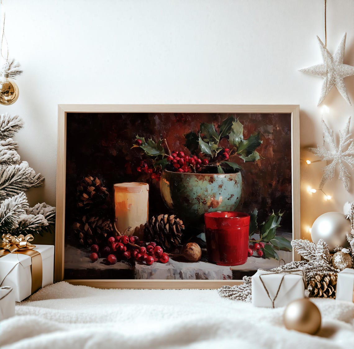 Christmas Still Life Pinecones Candles Red Berries Art Poster