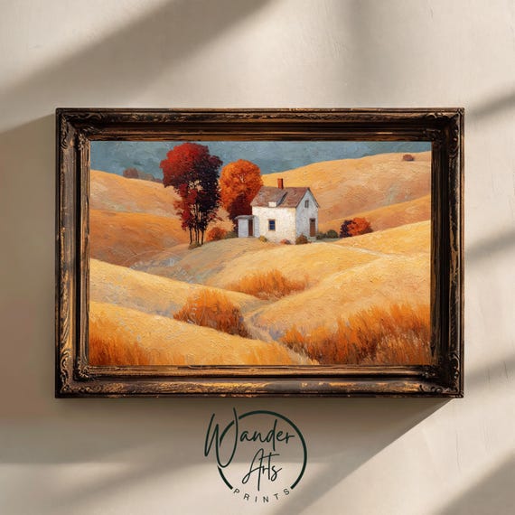 Rustic Farmhouse In Golden Hills Painting Autumn Landscape Art Cozy Country Scene Warm Ochres Wall Decor 933