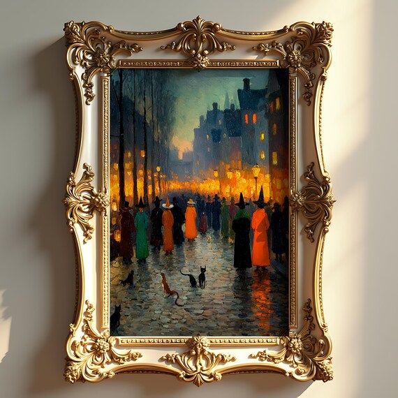 Oil Painting Of Witchs Familiar Parade Rustic Autumn Decor Halloween Wall Art Enchanted Evening Scene Vintage Forest 321