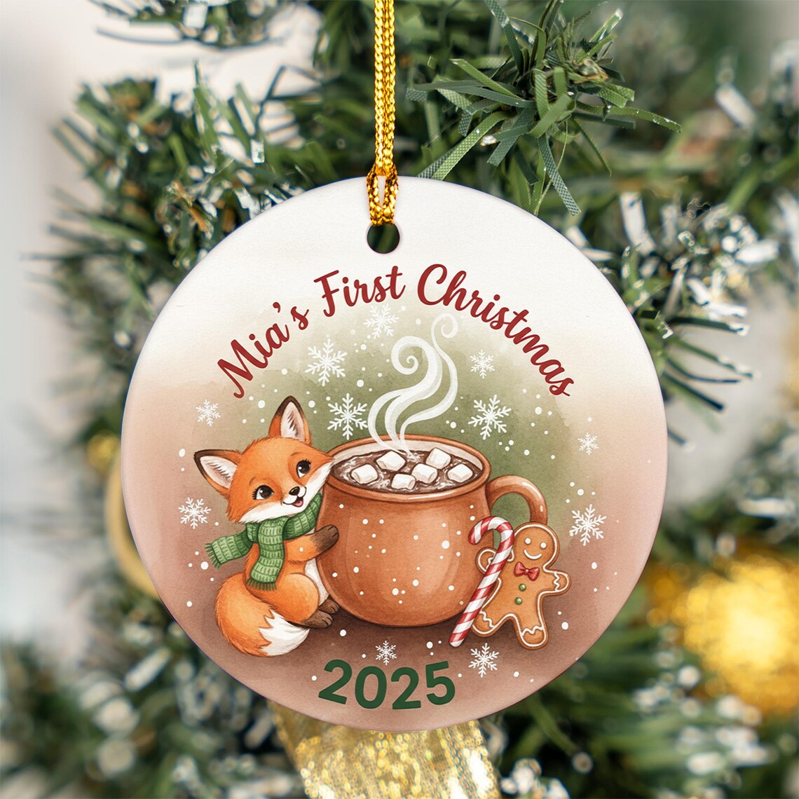 Personalized Baby First Christmas 2025 Fox Hot Cocoa Gingerbread Ornament Print