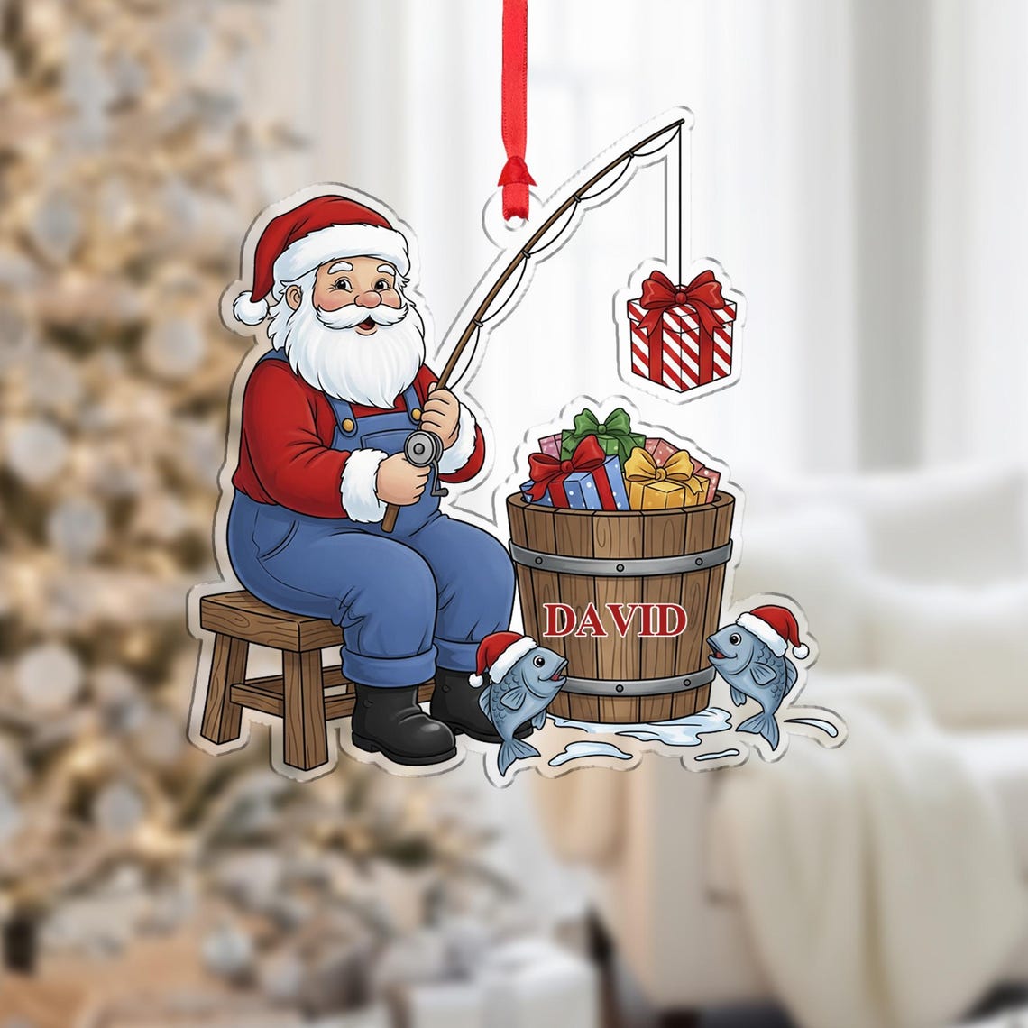 Personalized Santa Fishing David Gift Bucket Christmas Ornament Poster