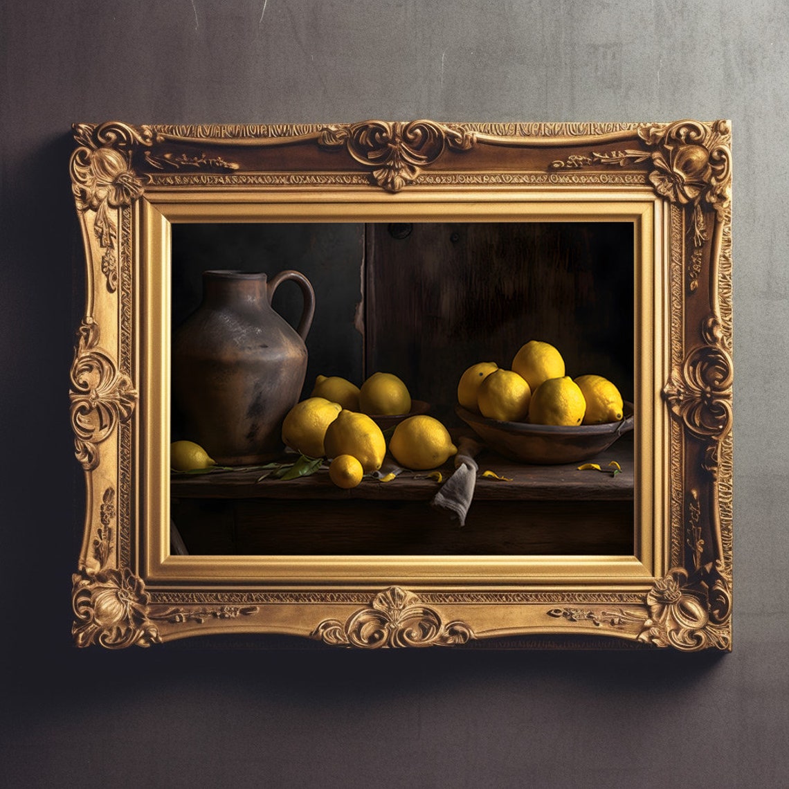 Rustic Clay Jug Lemon Bowl Dark Moody Still Life Kitchen Poster - Image 2