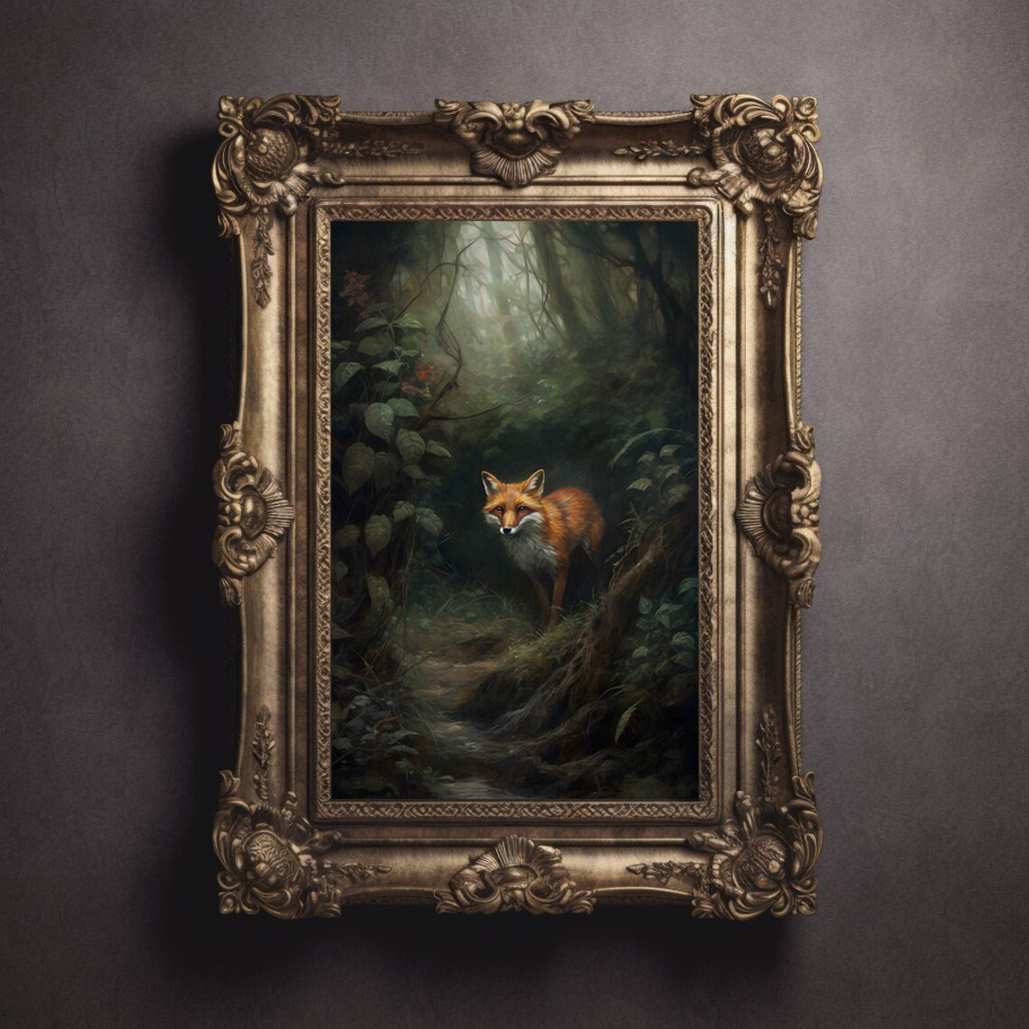 Red Fox Dark Misty Forest Oil Painting Wildlife Nature Poster - Image 2