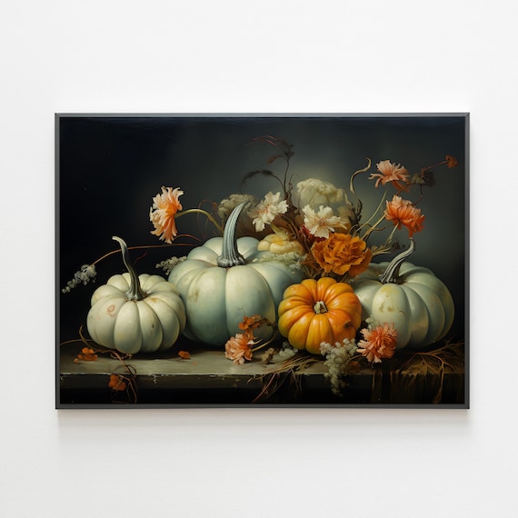 Teal Pumpkin Painting Harvest Fall Print Pastel Pumpkins Painting Moody Autumn Wall Art Rustic Pumpkin Decor