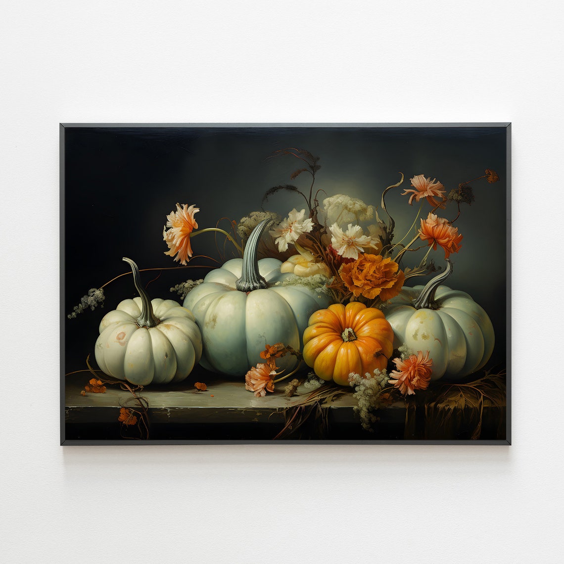 Moody Still Life With White Pumpkins And Autumn Flowers Wall Art