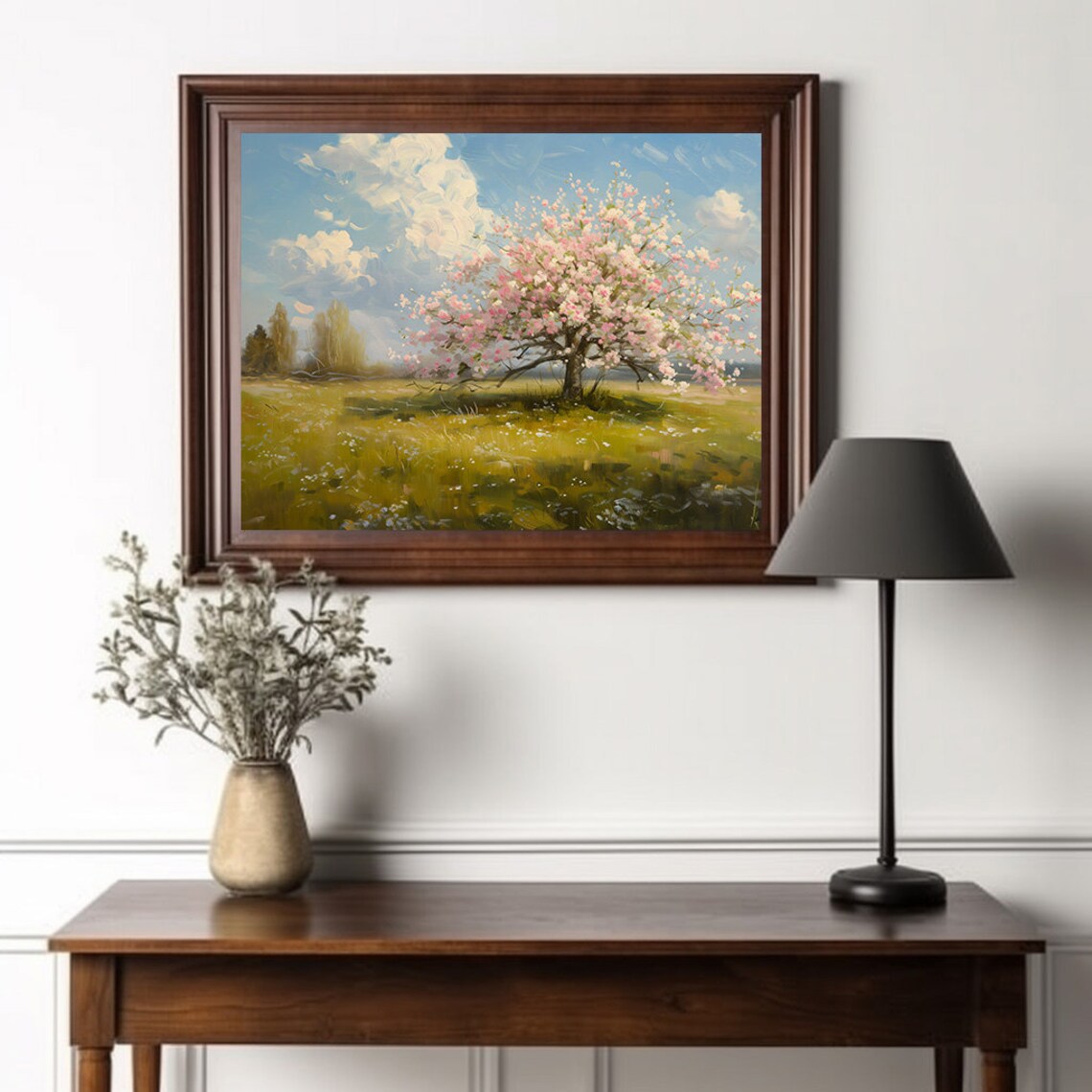 Blooming Cherry Tree Oil Painting in Sunny Green Meadow with Blue Sky Poster - Image 2
