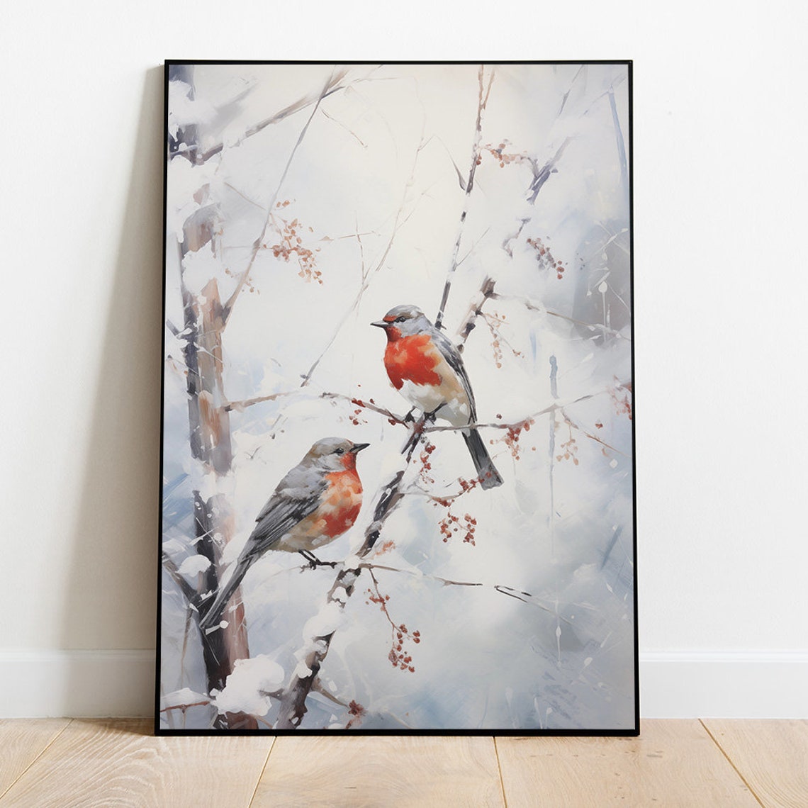 Two Robins On Snow Covered Branches Winter Watercolor Poster