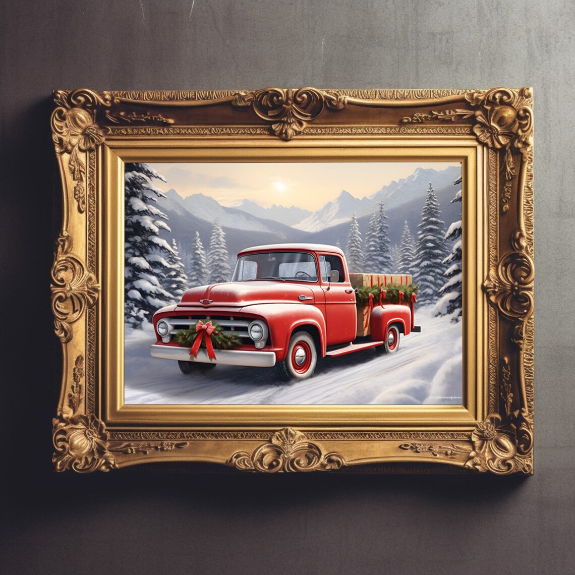 Vintage Red Ford Pickup Truck With Christmas Wreath And Garland Poster - Image 3