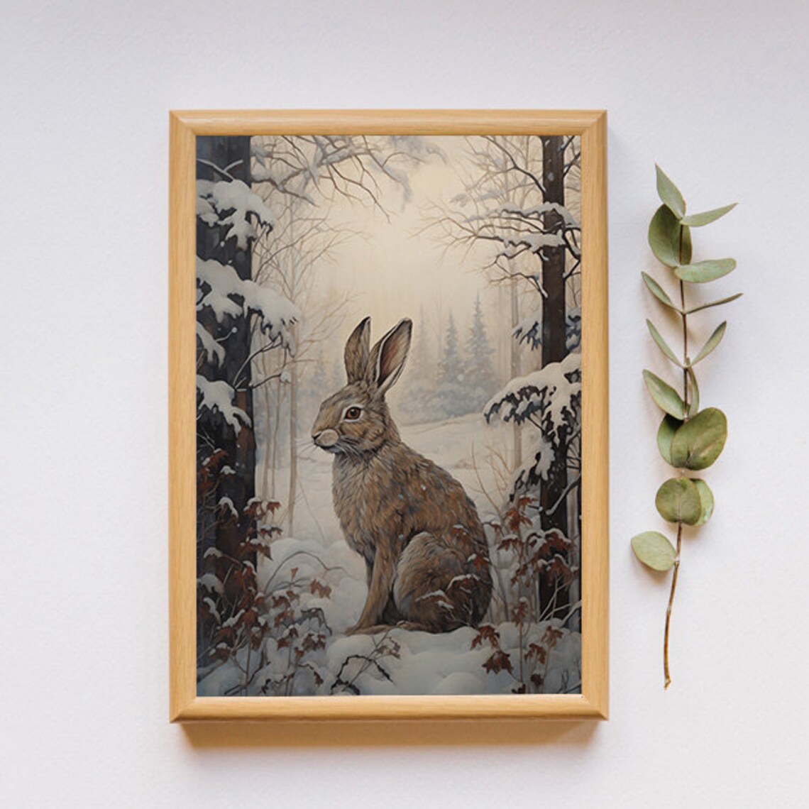Brown Hare Sitting Among Snowy Woodland Branches Wildlife Wall Art - Image 2