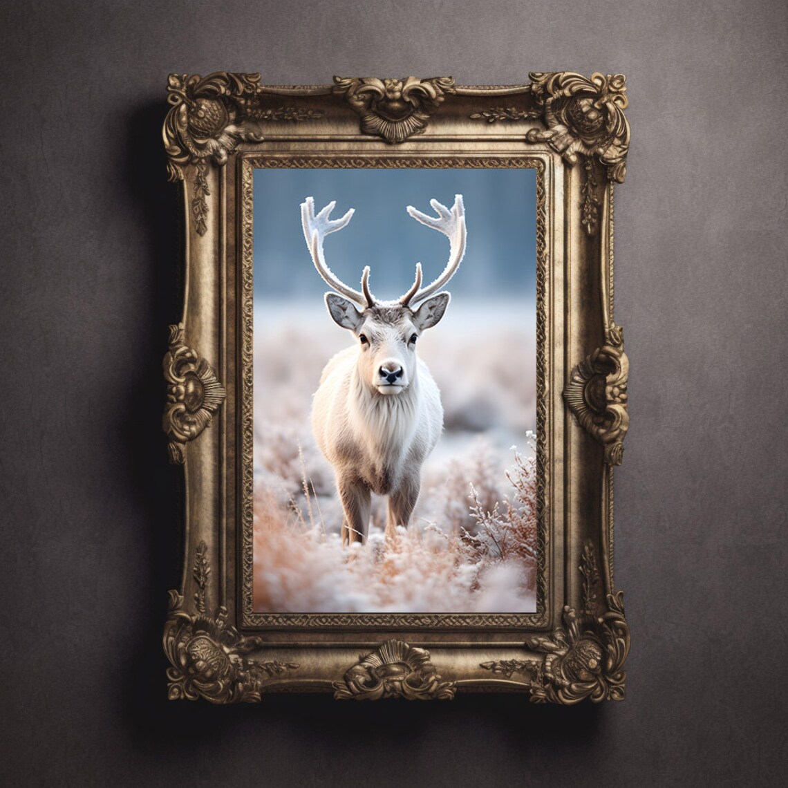 White Reindeer With Frosted Antlers In A Winter Field Wildlife Poster - Image 2