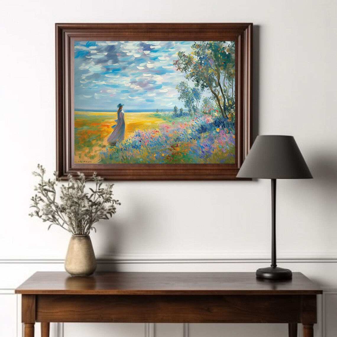 Woman with Parasol in Wildflower Meadow Impressionist Oil Painting Poster - Image 2