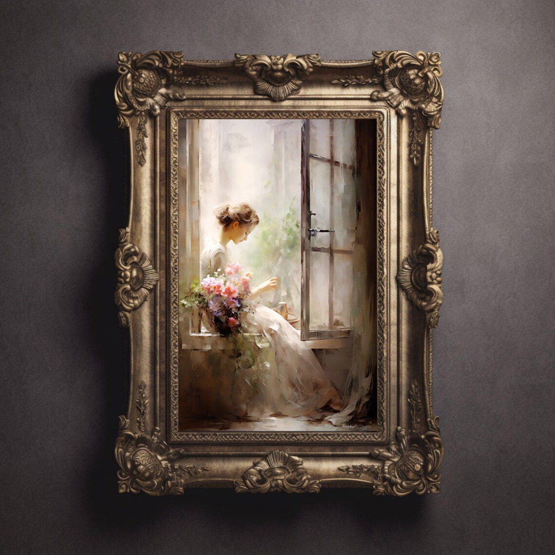 Impressionist Woman At Sunlit Window With Flower Bouquet Poster - Image 3