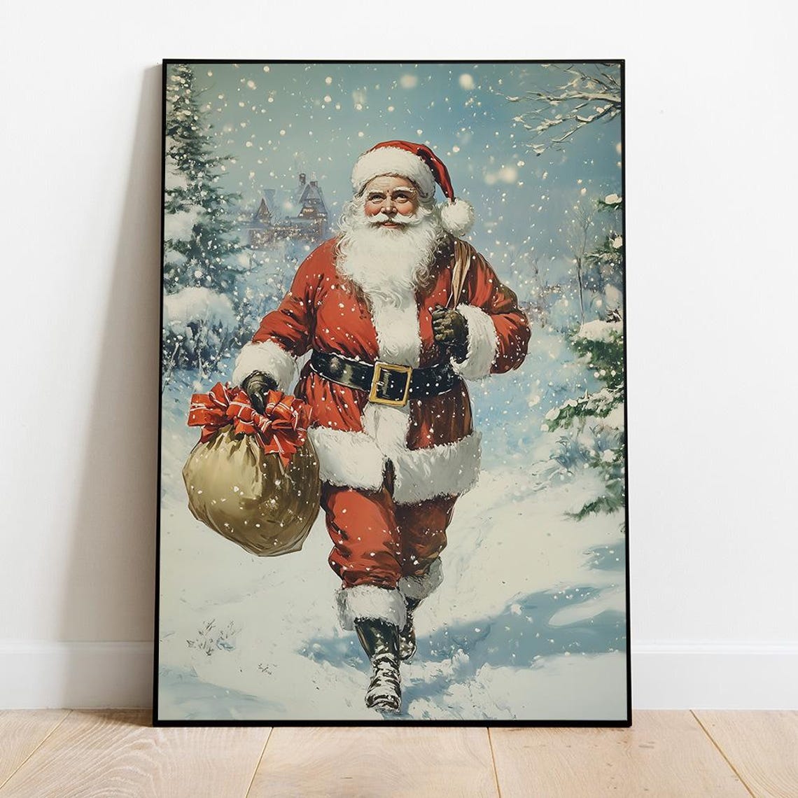 Vintage Santa Claus Walking in Snow with Gift Bag Retro Style Poster