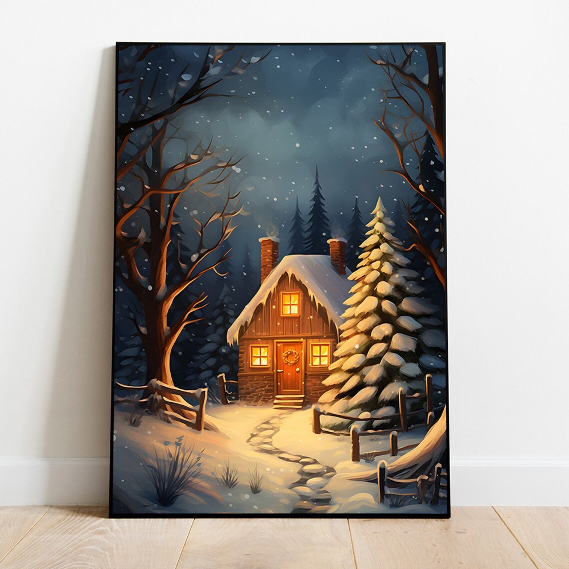 Glowing Wooden Cabin At Night In A Snowy Starlit Forest Poster