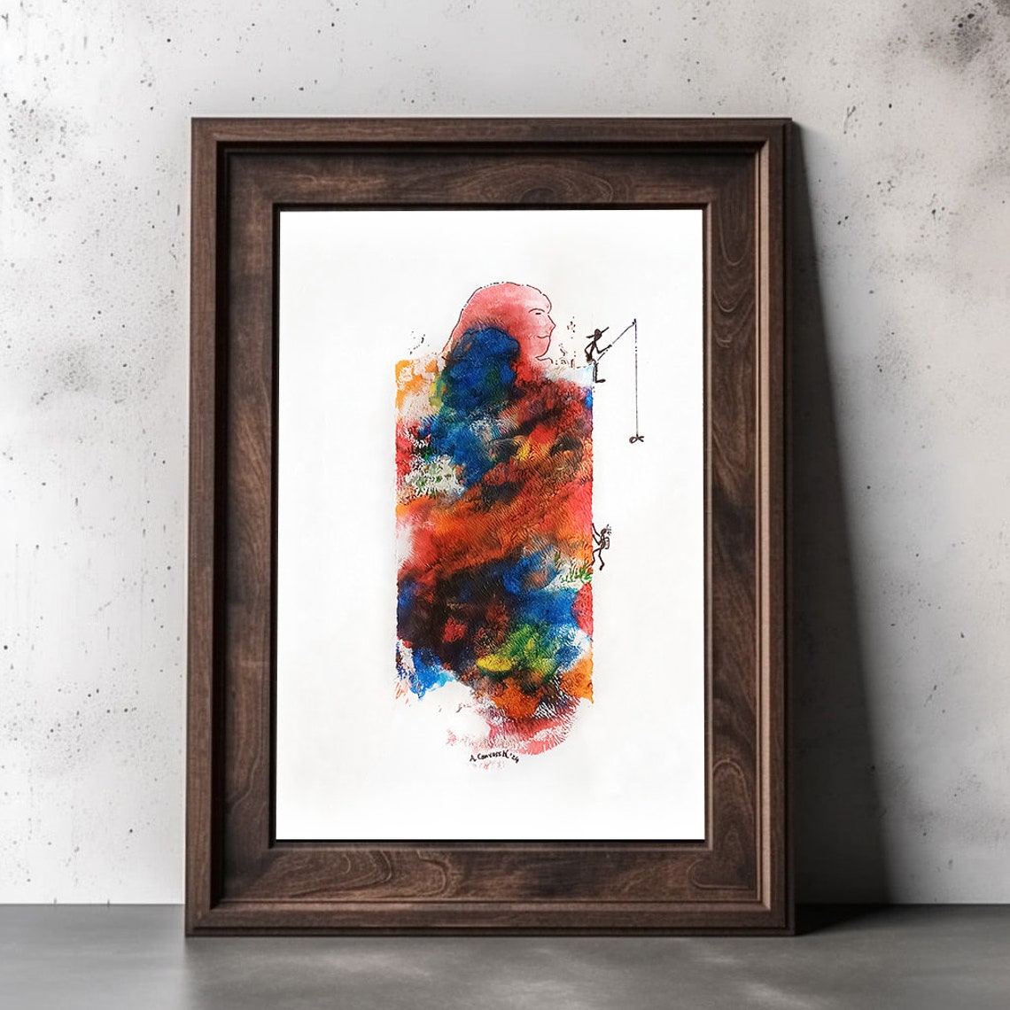 Abstract Face Profile Watercolor Doodle with Tiny Fisherman Wall Art - Image 2