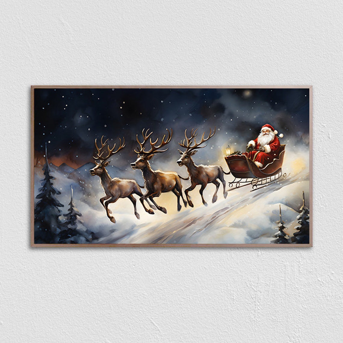 Santa Sleigh With Three Reindeer Starry Night Christmas Poster