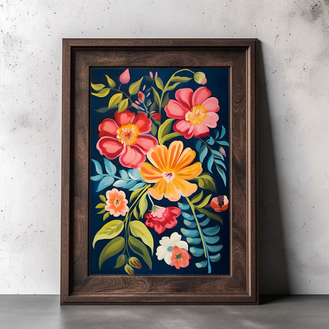 Jewel Toned Coral Flowers on Dark Navy Floral Botanical Painting Poster - Image 2