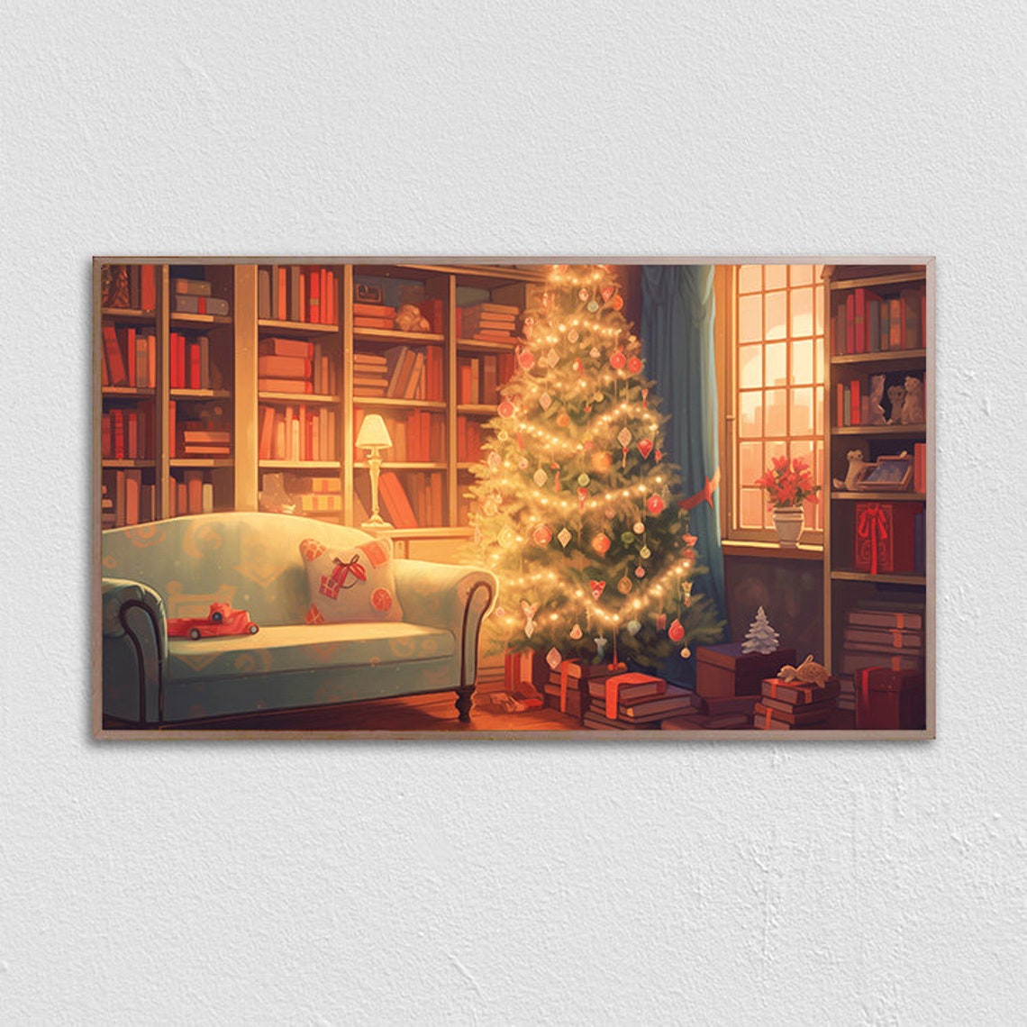 Cozy Christmas Library With Glowing Tree And Bookshelves Poster