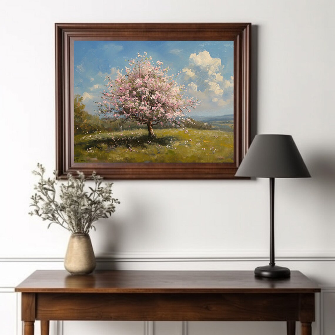 Cherry Blossom Tree in Bloom Oil Painting Over Green Spring Meadow Poster - Image 2