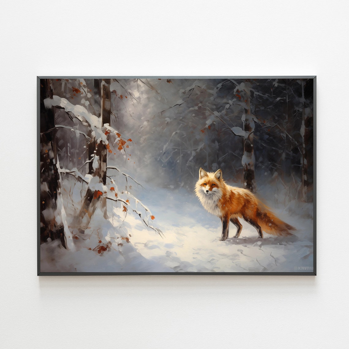 Curious Red Fox Standing In Snowy Birch Forest Winter Poster