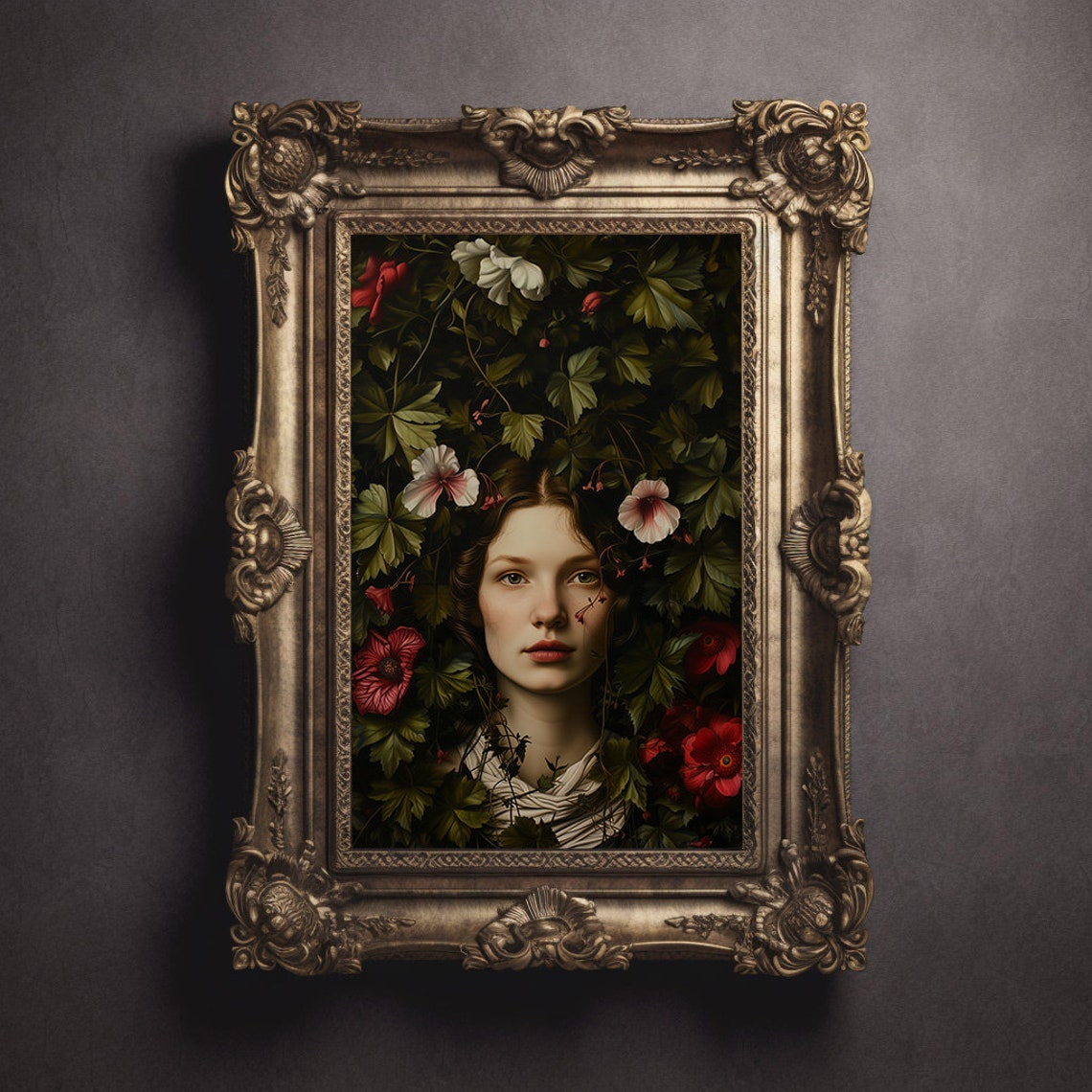 Woman Face Emerging From Dark Botanical Floral Thicket Poster - Image 3