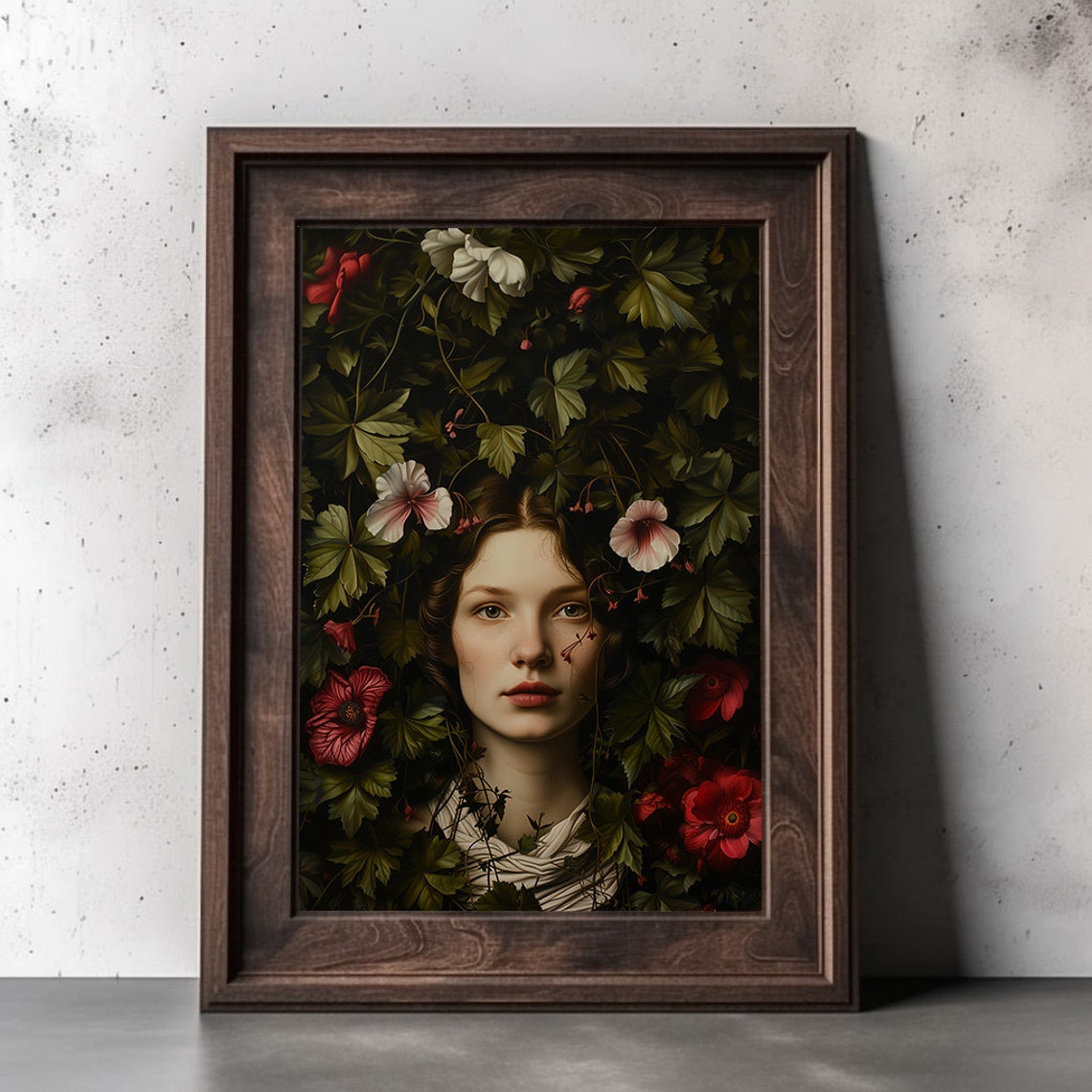 Woman Face Emerging From Dark Botanical Floral Thicket Poster - Image 2