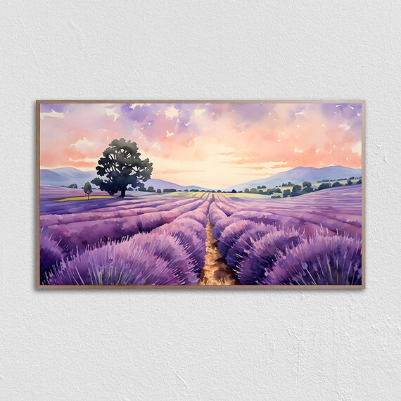 Lavender Field Sunset Watercolor with Lone Tree and Mountain Poster