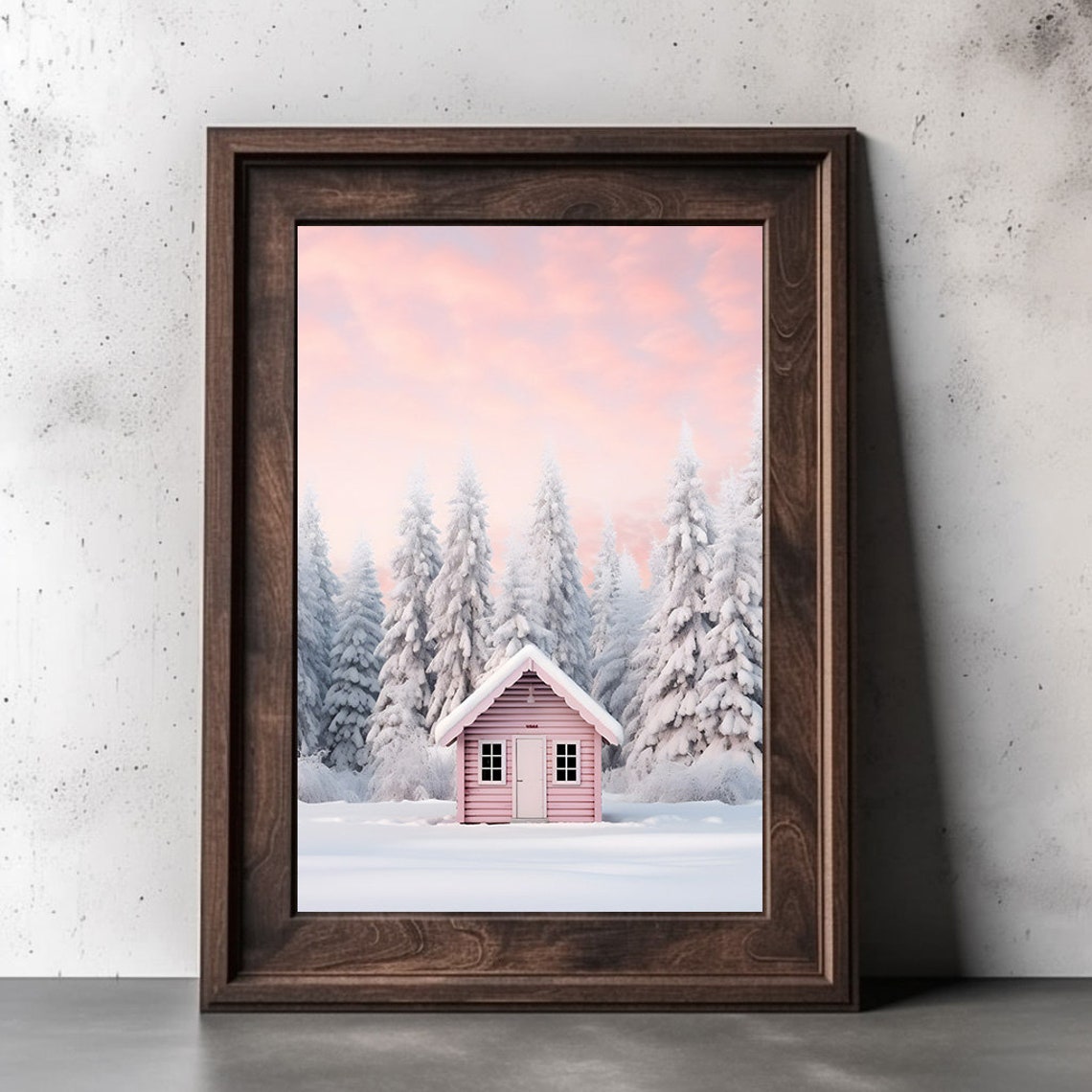Pink Cabin In Snowy Forest Under Rosy Sunset Sky Winter Poster - Image 2